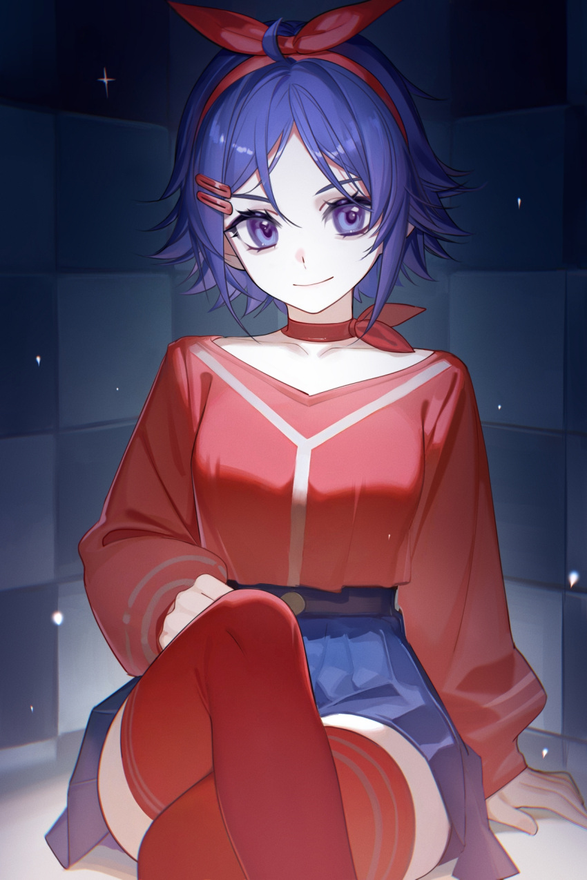 1girl, bad_source, belt, blue_eyes, blue_hair, blue_skirt, bow, bow_choker, bow_hairband, choker, collarbone, crossed_legs, facing_viewer, figure_four_sitting, hair_ornament, hairband, hairclip, hand_on_ground, hand_on_own_thigh, highres, long_sleeves, looking_at_viewer, miside, mita_(miside), official_art, pleated_skirt, red_choker, red_hairband, red_shirt, red_thighhighs, shirt, shirt_tucked_in, short-haired_mita_(miside), sitting, skirt, smile, solo, thigh-highs