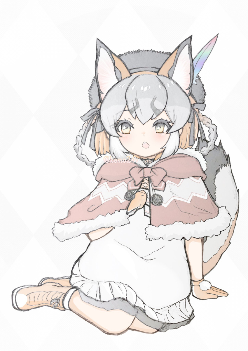 1girl, animal_ears, boots, brown_hair, cape, dress, extra_ears, fox_ears