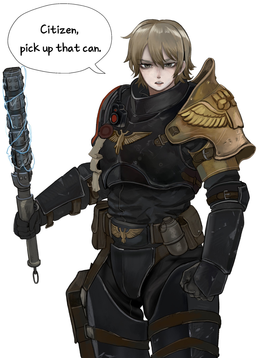 1girl, absurdres, adeptus_arbites, arm_at_side, arm_up, armor, belt, belt_pouch