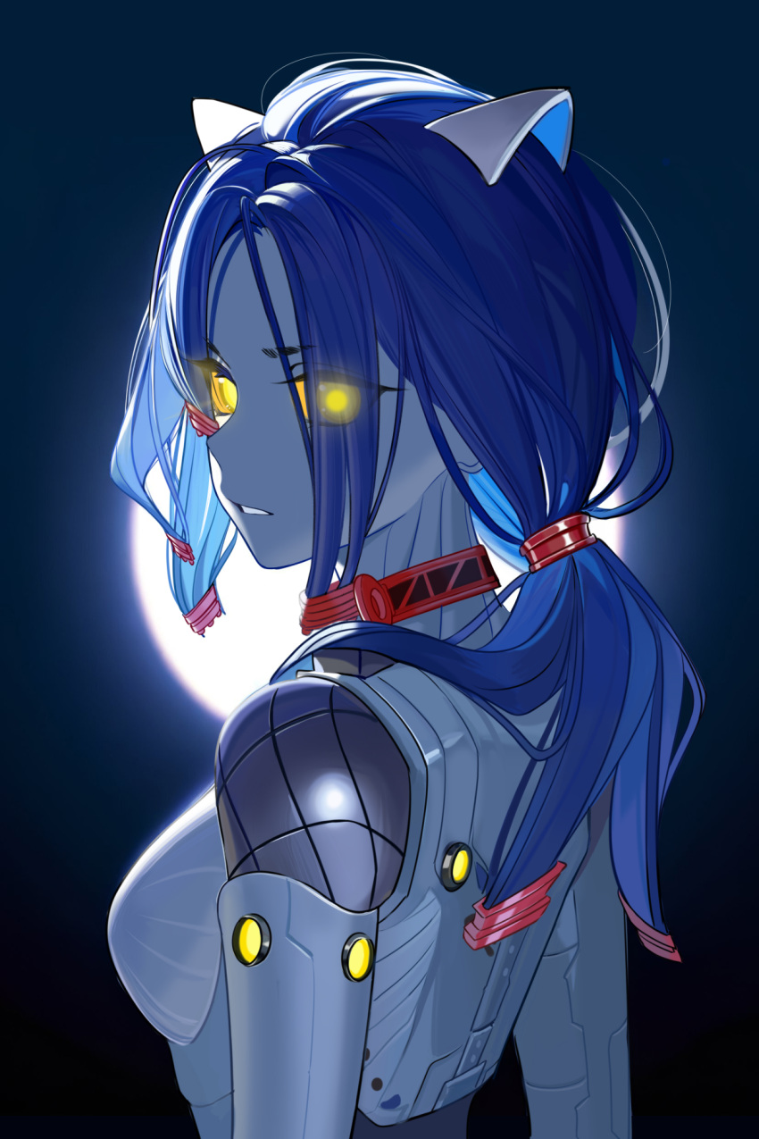 1girl, android, animal_ears, bad_source, blue_hair, breasts, cat_ears, choker, colored_sclera, core_mita_(miside), from_behind, glowing, glowing_eyes, hair_over_one_eye, highres, joints, long_hair, looking_at_viewer, looking_back, miside, mita_(miside), official_art, open_mouth, ponytail, solo, upper_body, yellow_eyes, yellow_pupils