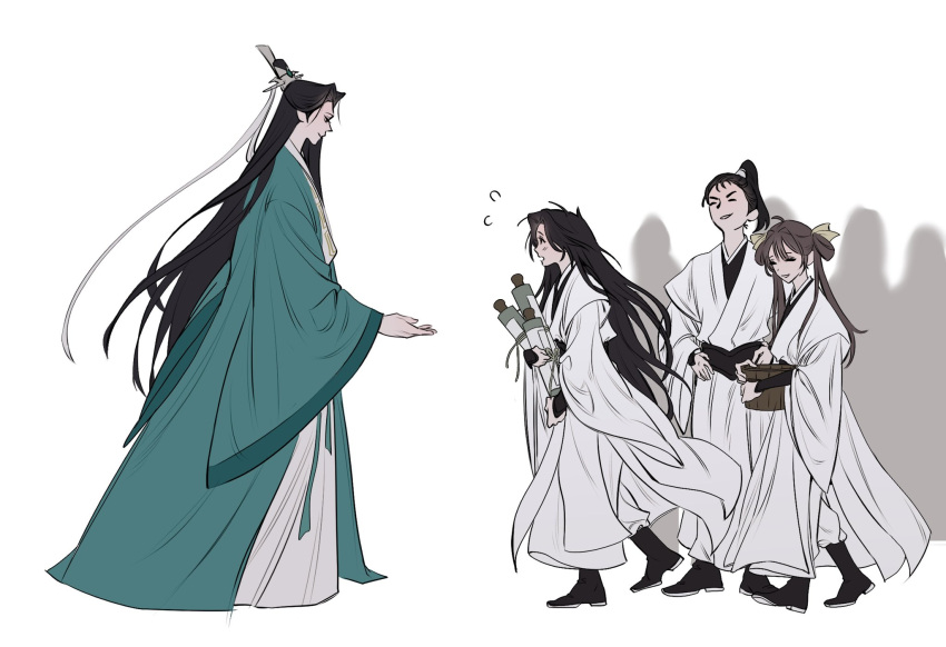 1girl, 3boys, aged_down, black_boots, black_hair, black_sash, boots, brown_hair