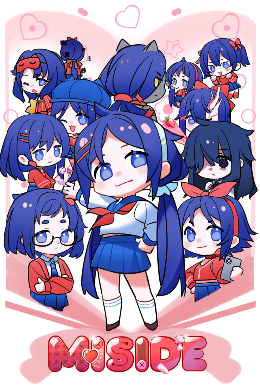 2d_mita_(miside), 6+girls, animal_ears, bad_source, black_eyes, blue_eyes, blue_hair, blue_hat