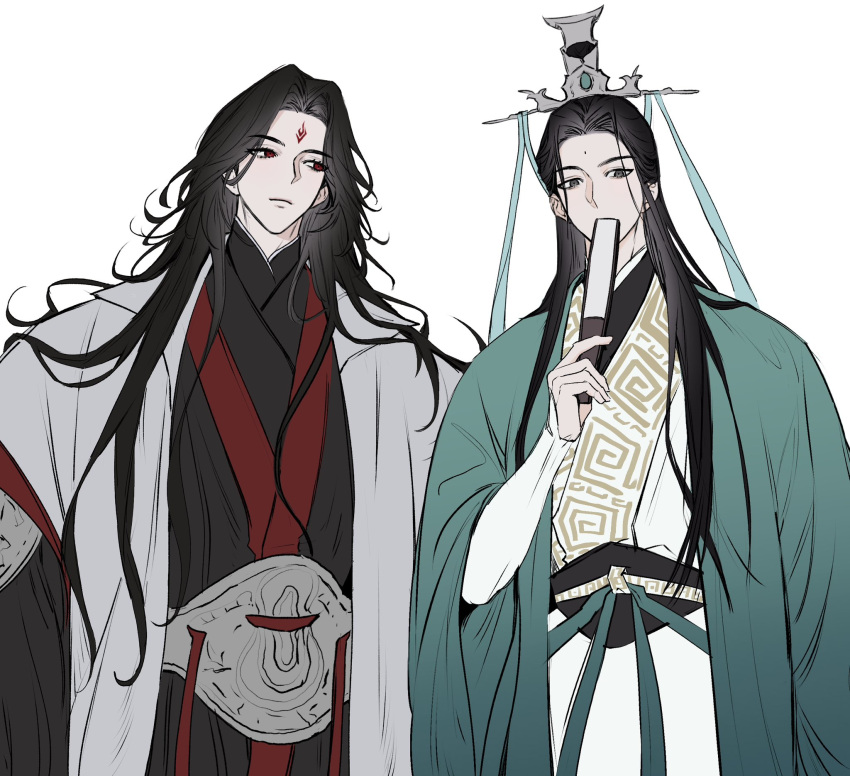 2boys, black_hair, black_hanfu, black_sash, chinese_clothes, closed_mouth, coat, covering_own_mouth