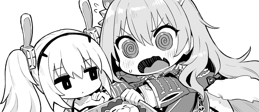 2girls, @_@, animal_ears, azur_lane, azur_lane:_slow_ahead, chibi, chibi_only, fake_animal_ears