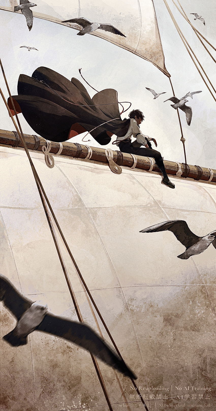 1boy, absurdres, arknights, bird, black_cape, black_pants, black_shoes, cape