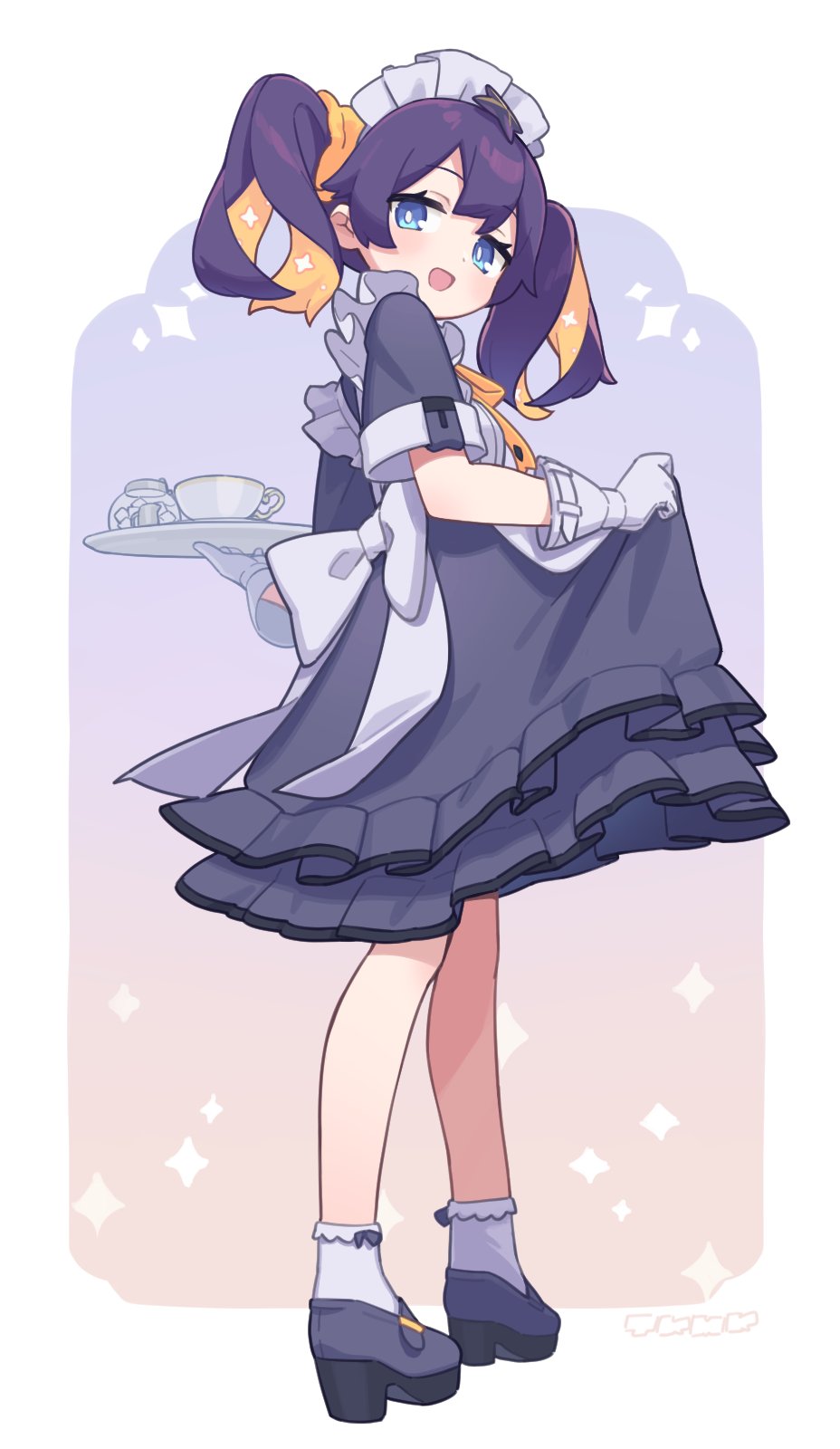 1girl, :d, apron, black_dress, black_shoes, blue_eyes, blush, bright_pupils