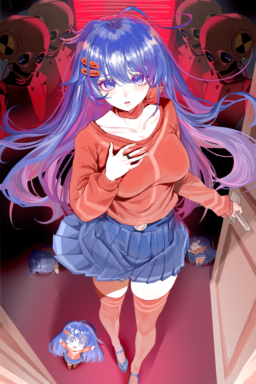 2girls, bad_source, blue_hair, blue_skirt, blush, bow, bow_choker, breasts