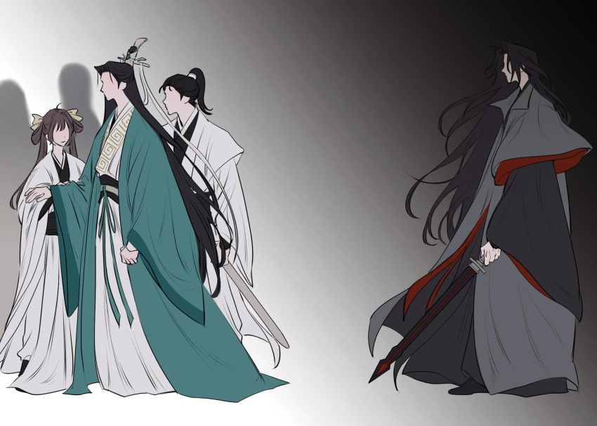 1girl, 3boys, black_boots, black_hair, black_hanfu, black_sash, boots, brown_hair