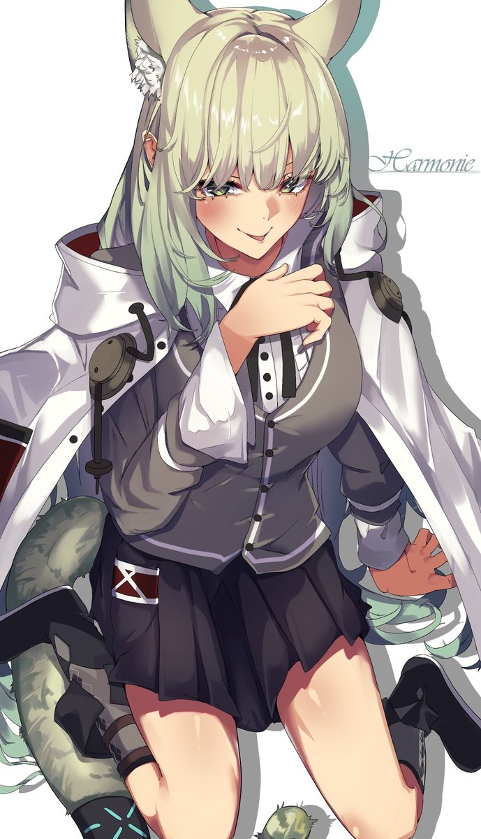 1girl, 80illu, animal_ear_fluff, animal_ears, arknights, black_shoes, black_skirt, breasts