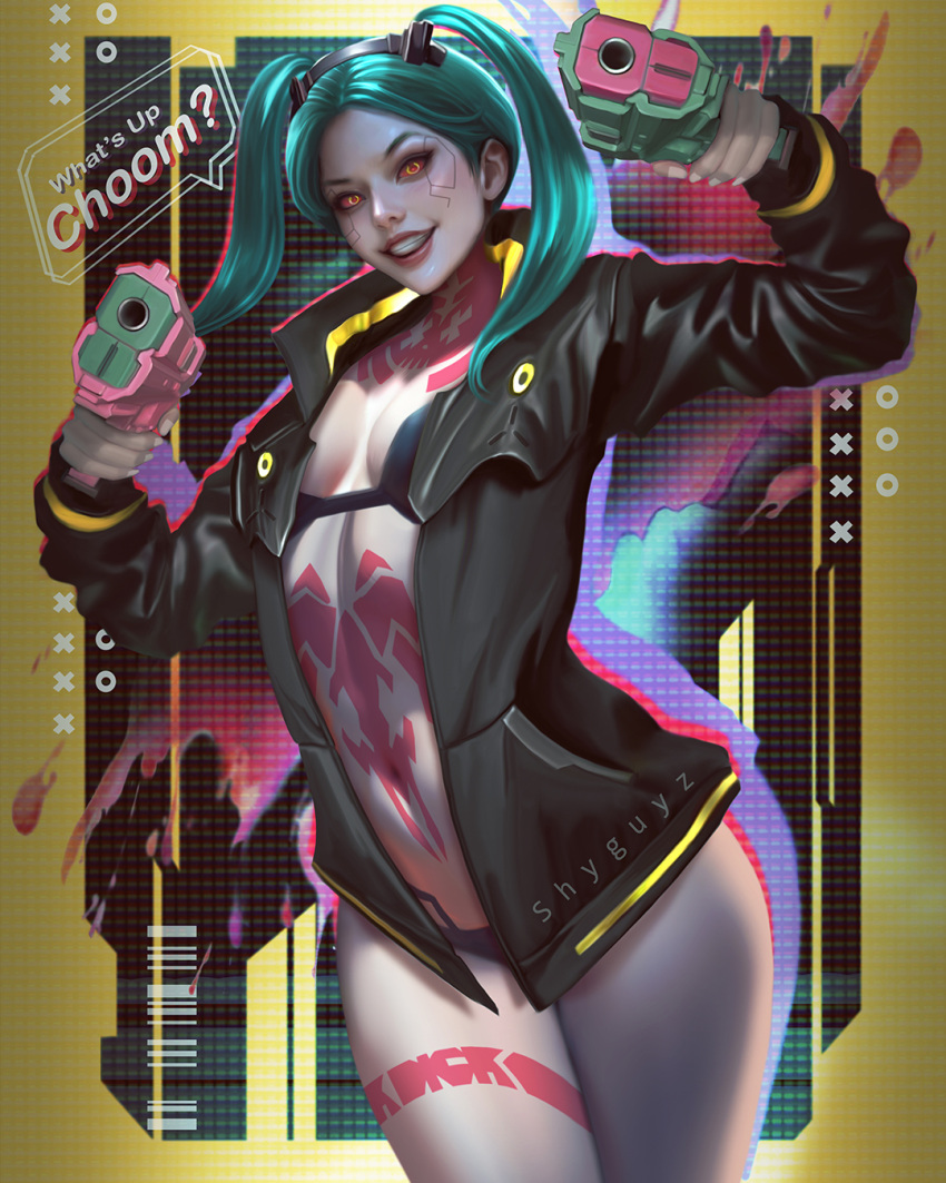 1girl, :d, artificial_eye, black_jacket, bra, breasts, colored_sclera, colored_skin, cyberpunk, cyberpunk_(series), cyberpunk_edgerunners, cyborg, green_hair, gun, handgun, highres, holding, holding_gun, holding_weapon, jacket, leg_tattoo, long_hair, looking_at_viewer, mechanical_eye, mechanical_hands, neck_tattoo, pink_tattoo, rebecca_(cyberpunk), red_pupils, red_sclera, samurai_jacket_(cyberpunk), shyguyz, small_breasts, smile, solo, stomach_tattoo, tattoo, twintails, underwear, weapon, white_skin