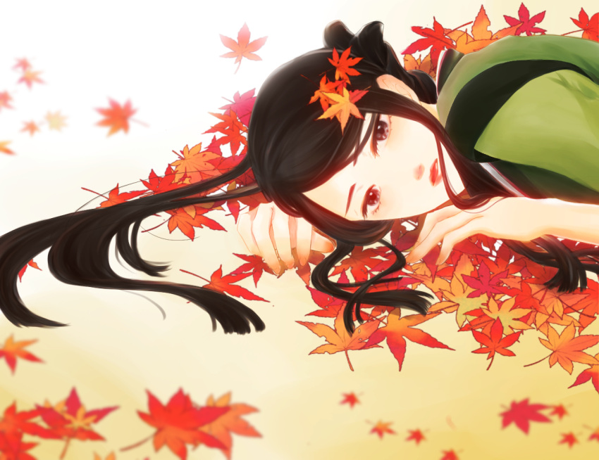 1girl, autumn_leaves, black_eyes, black_hair, blurry, blurry_background, blurry_foreground, bokujou_monogatari
