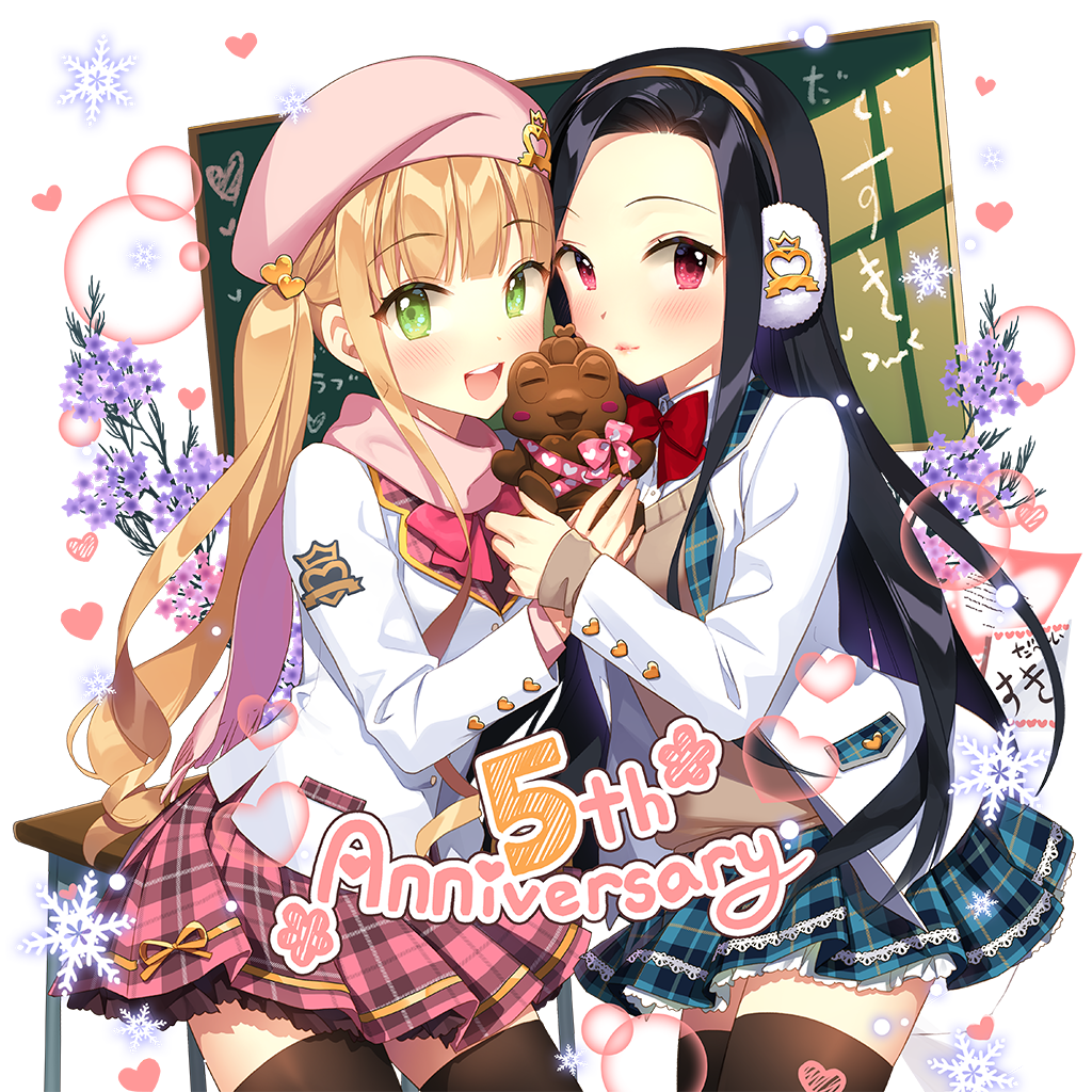 2girls, :d, bag, beret, black_hair, blazer, blonde_hair, blush
