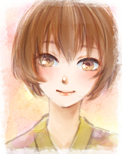 1girl, blush, bob_cut, bokujou_monogatari, bokujou_monogatari:_mittsu_no_sato_no_taisetsuna_tomodachi, border, brown_eyes, brown_hair