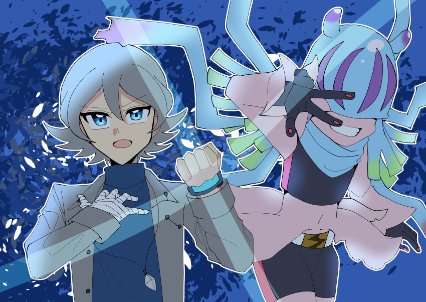absurdres, bandaged_arm, bandages, blue_eyes, digimon, digimon_(creature), digimon_ghost_game, higashimitarai_kiyoshiro