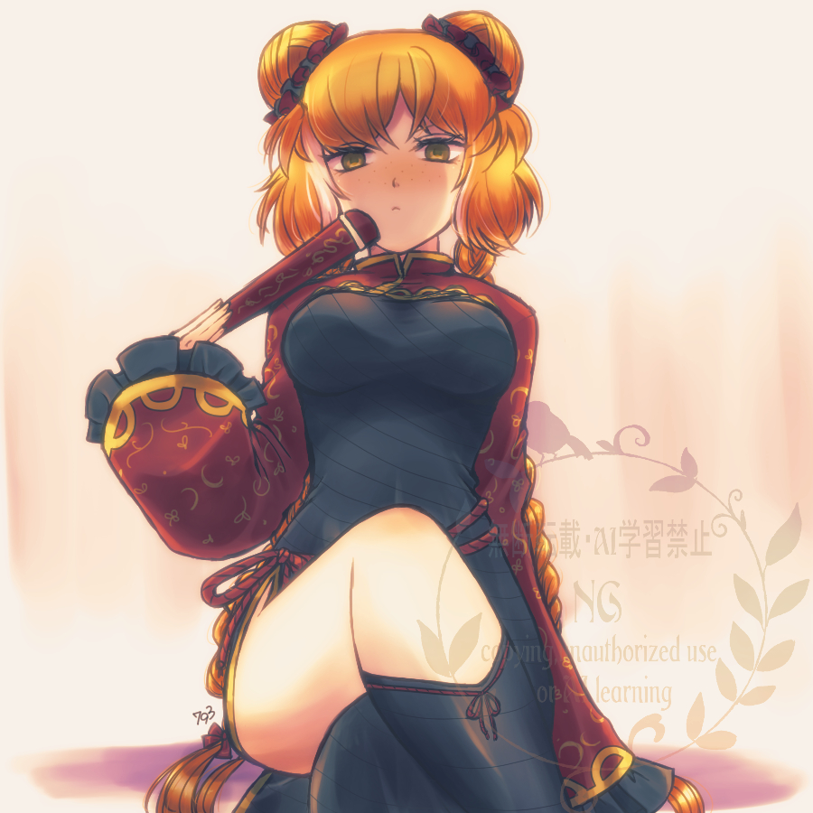 1girl, 793_(oo793oo), black_dress, braid, breasts, chinese_clothes, double_bun, dress, family_hierarch_candidate_(identity)_(project_moon), freckles, frilled_sleeves, frills, full_body, green_eyes, hair_bun, hand_fan, holding, holding_fan, ishmael_(project_moon), limbus_company, long_hair, looking_at_viewer, multicolored_hair, orange_hair, project_moon, red_shrug, simple_background, sitting, solo, streaked_hair, thighs, twin_braids, very_long_hair, yellow_background