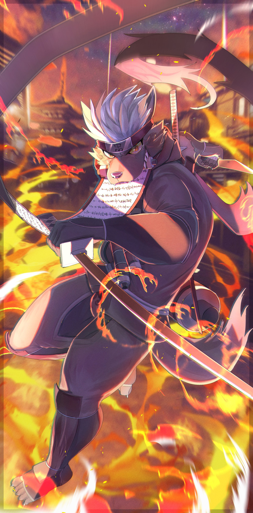 1boy, absurdres, blurry, blurry_background, dog_boy, fire, full_body, furry