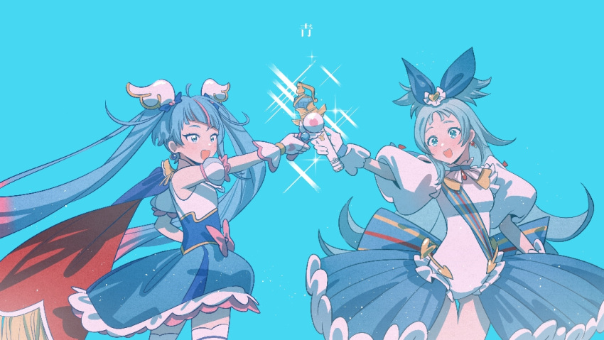 2girls, :d, blue_background, blue_bow, blue_eyes, blue_hair, blue_skirt, blue_theme, blush, bow, cape, cure_sky, detached_sleeves, fingerless_gloves, gloves, gradient_hair, hair_bow, heart, heart_print, hello_silly0081, hirogaru_sky!_precure, leotard, long_hair, magical_girl, multicolored_hair, multiple_girls, pink_hair, precure, princess_ripple, princession_orchestra, red_cape, short_sleeves, showgirl_skirt, skirt, smile, sora_harewataru, standing, thigh-highs, thigh_gap, twintails, underbust, very_long_hair, white_gloves, white_leotard, white_sleeves, white_thighhighs, zettai_ryouiki
