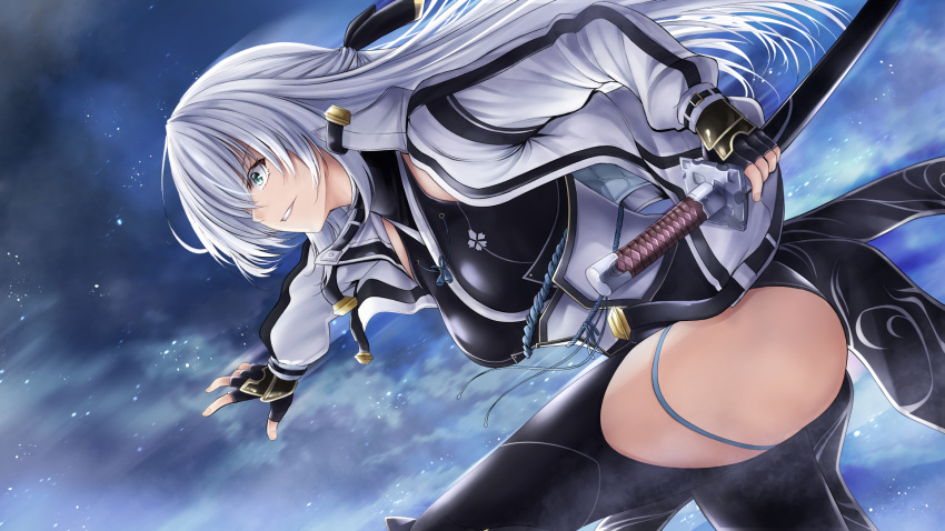 1girl, arm_guards, black_gloves, black_pants, blue_eyes, breasts, clothing_cutout, coat