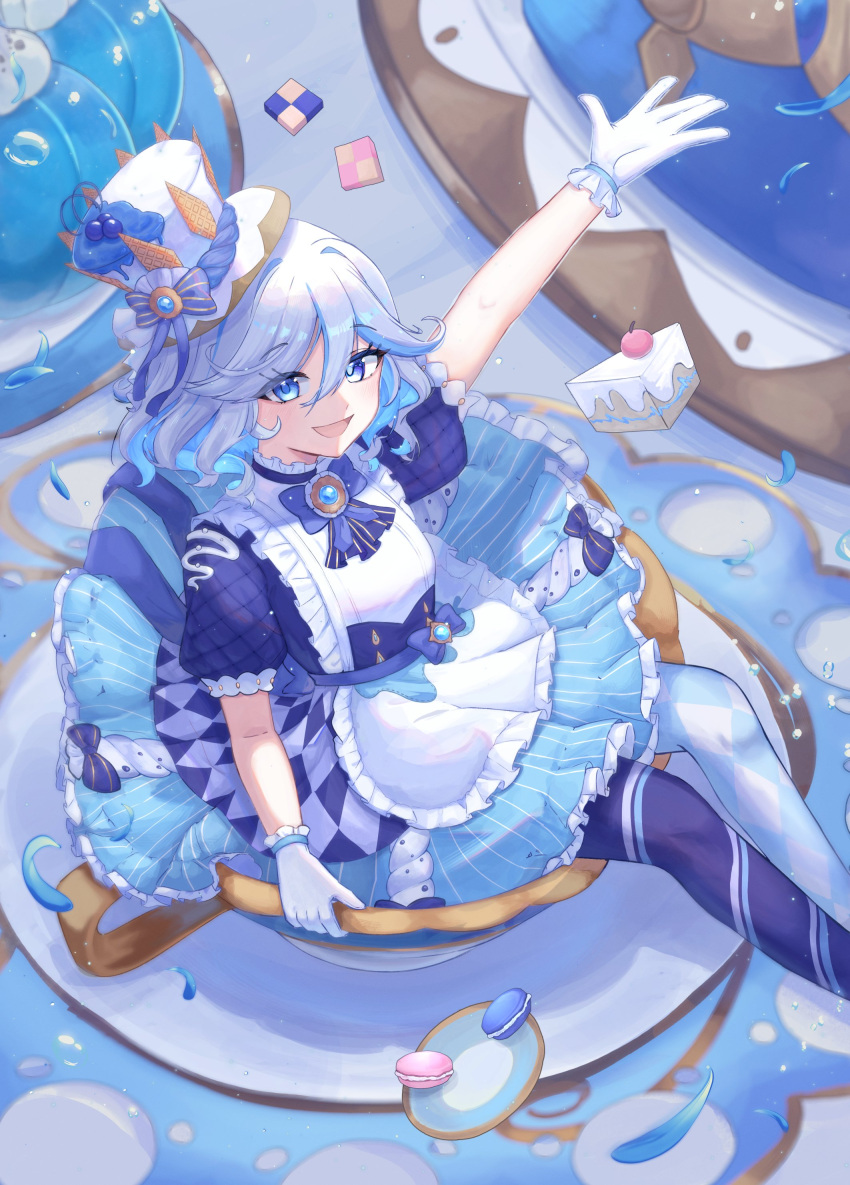 1girl, absurdres, alternate_costume, asymmetrical_legwear, blue_dress, blue_eyes, blue_hair, cup