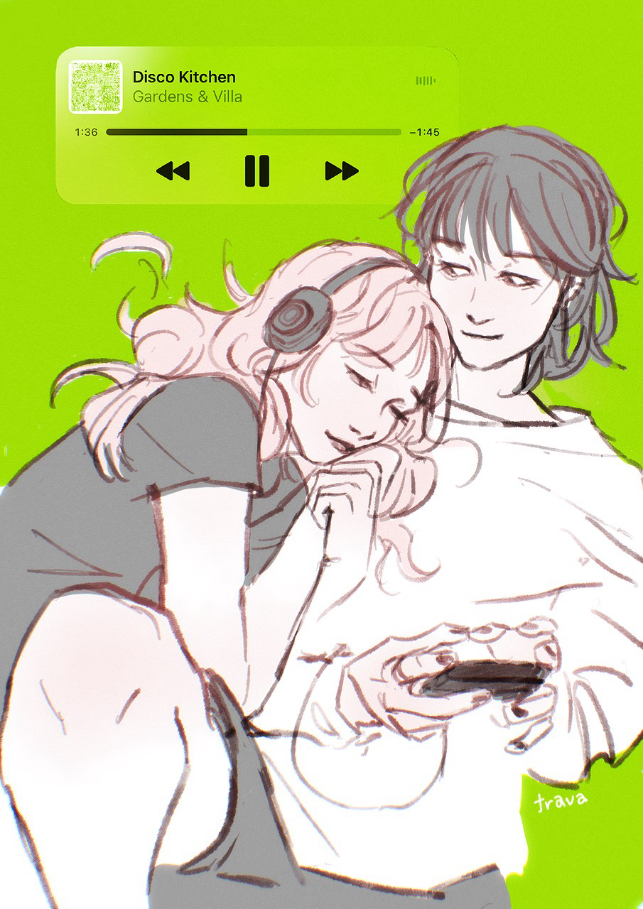 2girls, artist_name, black_hair, black_nails, cellphone, commentary, couple, english_commentary