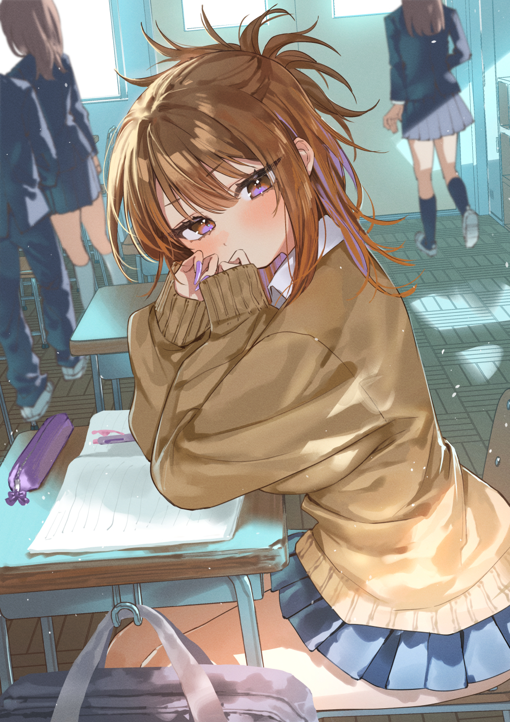 1boy, 3girls, bag, blue_pants, blue_skirt, blue_socks, book, brown_cardigan