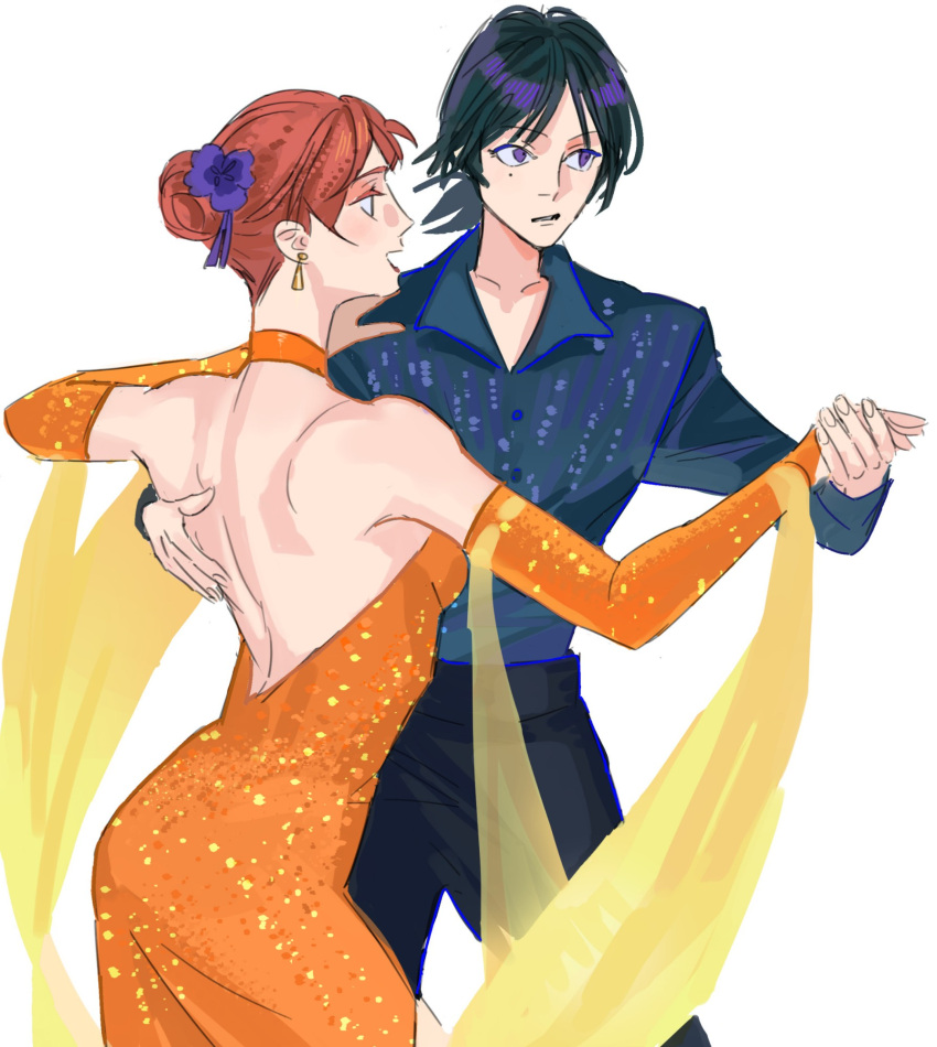2girls, androgynous, backless_dress, backless_outfit, black_hair, black_pants, blue_shirt, brown_hair