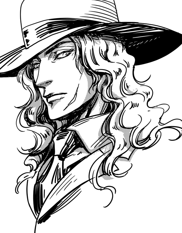 1boy, araki_hirohiko_(style), busoupo-ka-, collared_shirt, commentary, commentary_request, cowboy_hat, cropped_shoulders