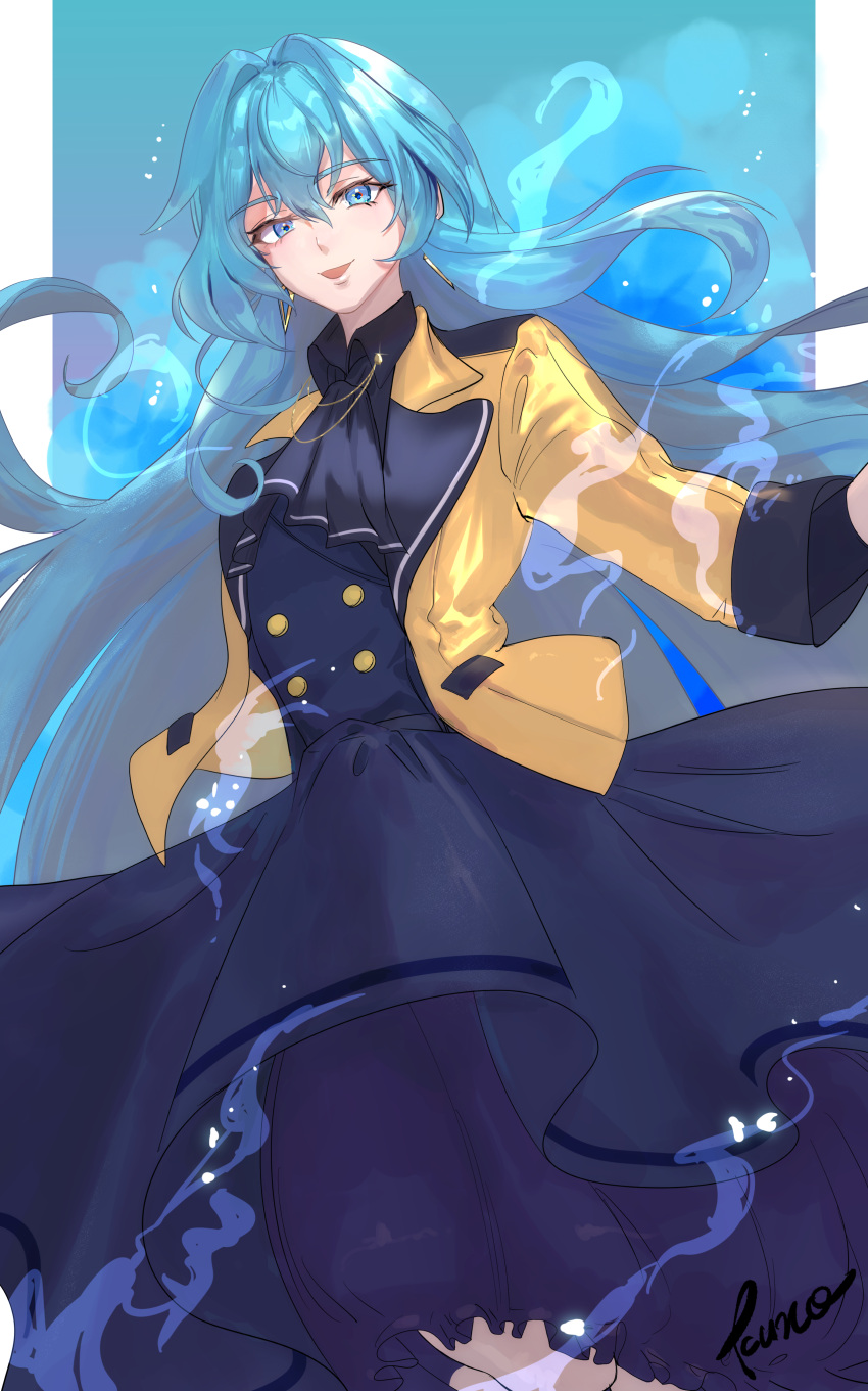 1girl, :d, absurdres, alternate_costume, artist_name, ascot, black_ascot, blue_eyes