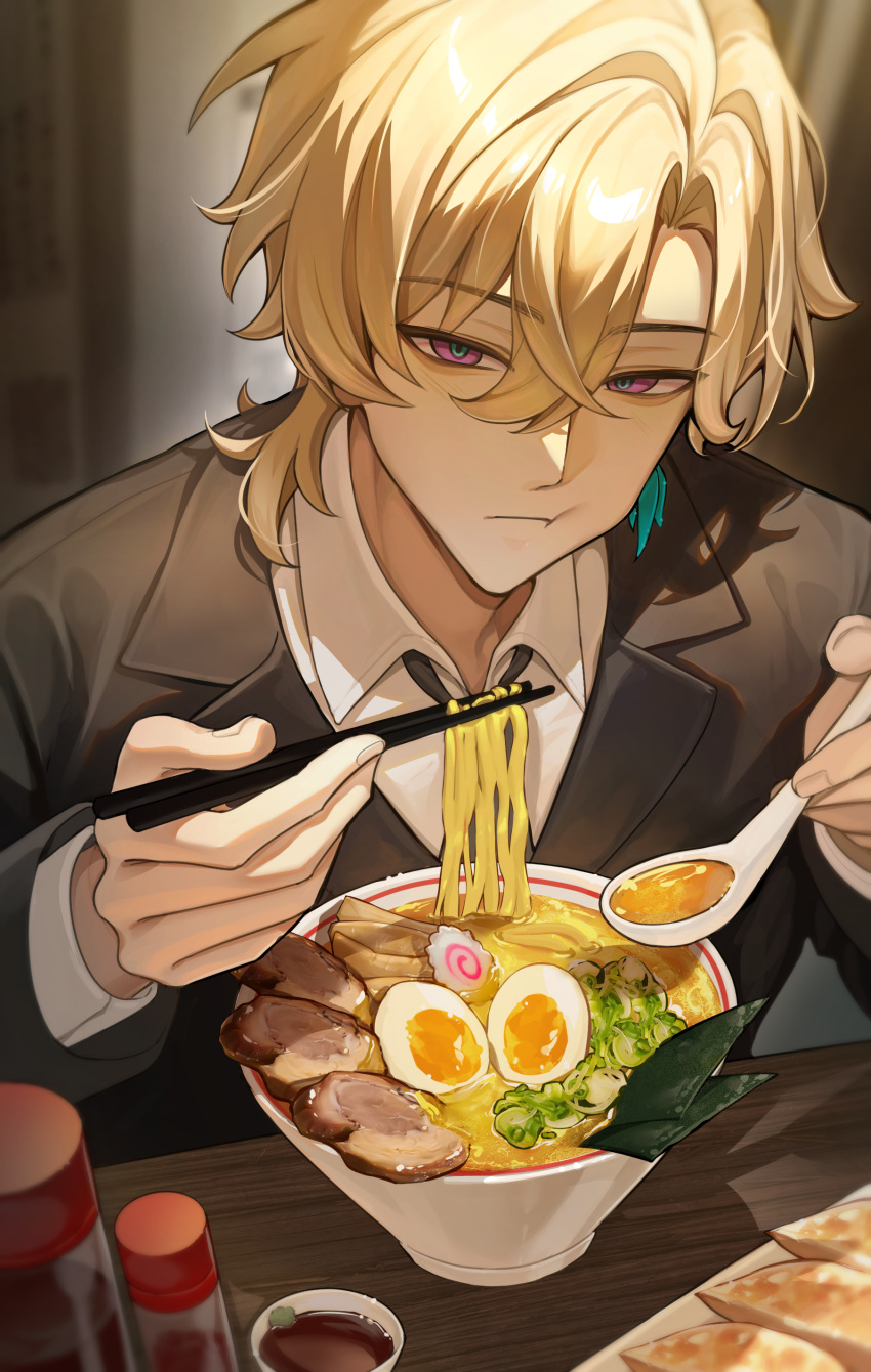 1boy, :t, absurdres, aqua_pupils, aventurine_(honkai:_star_rail), beef, black_jacket, black_necktie