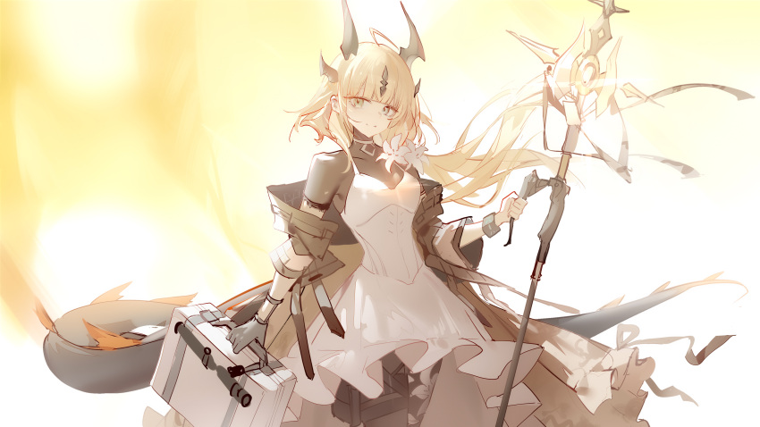 1girl, absurdres, ahoge, arknights, black_horns, black_pantyhose, black_tail, blonde_hair, blunt_bangs, bodysuit, bodysuit_under_clothes, breasts, briefcase, bright_background, brown_bodysuit, commentary, dragon_girl, dragon_horns, dragon_tail, dress, english_commentary, floating_hair, flower, gloves, green_eyes, grey_gloves, hair_flower, hair_ornament, highres, holding, holding_briefcase, holding_staff, horns, long_hair, looking_at_viewer, luozhou_pile, off_shoulder, pantyhose, reed_(arknights), reed_the_flame_shadow_(arknights), single_glove, small_breasts, smile, solo, staff, standing, tail, very_long_hair, white_dress