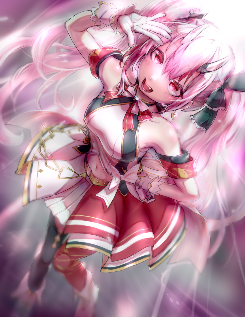 1girl, black_thighhighs, gloves, gradient_hair, grey_hair, highres, hololive, hololive_idol_uniform_(origin)