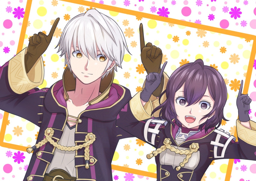 1boy, 1girl, :d, absurdres, black_eyes, black_gloves, black_hair, black_robe, brown_gloves, citronhsp, closed_mouth, father_and_daughter, female_morgan_(fire_emblem), fire_emblem, fire_emblem_awakening, fire_emblem_heroes, gloves, hair_between_eyes, highres, index_finger_raised, long_sleeves, looking_at_another, looking_at_viewer, looking_to_the_side, male_robin_(fire_emblem), open_clothes, open_mouth, open_robe, robe, shirt, smile, teeth, tongue, upper_teeth_only, white_shirt