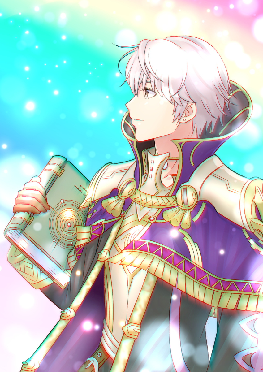 1boy, absurdres, armor, black_robe, book, brown_eyes, brown_gloves, citronhsp