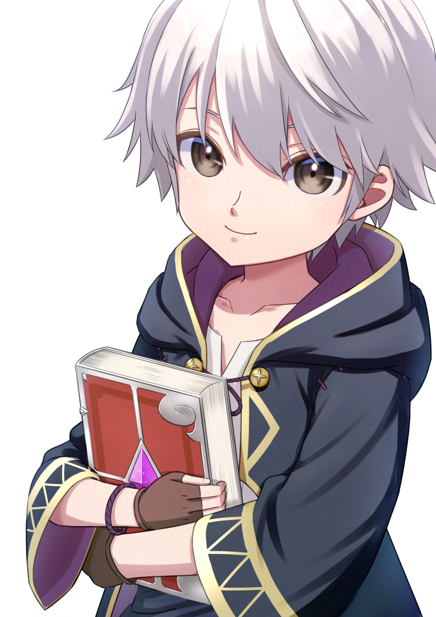 1boy, absurdres, black_robe, book, brown_eyes, brown_gloves, citronhsp, collarbone