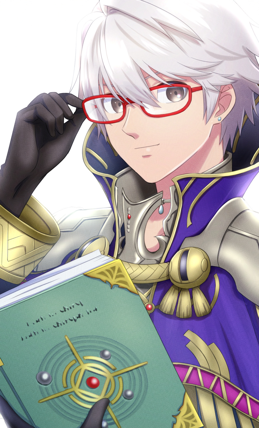 1boy, absurdres, adjusting_eyewear, armor, bespectacled, book, brown_eyes, citronhsp