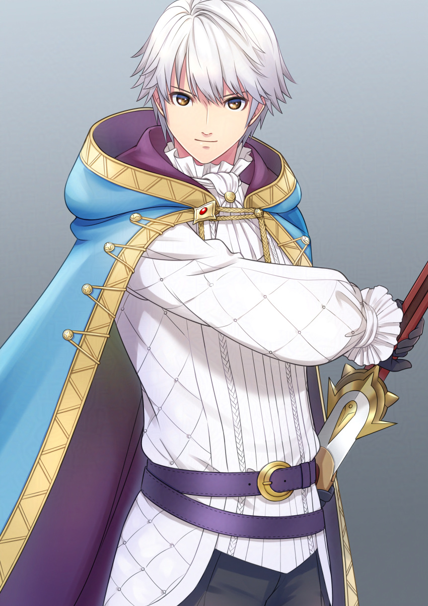 1boy, absurdres, ascot, belt, black_gloves, black_pants, blue_cape, cape, citronhsp, closed_mouth, commentary_request, fire_emblem, fire_emblem_awakening, fire_emblem_heroes, frilled_shirt, frills, gloves, gradient_background, grey_background, highres, holding, holding_sword, holding_weapon, hood, hooded_cape, male_focus, male_robin_(exalt's_deliverer)_(fire_emblem), male_robin_(fire_emblem), multiple_belts, official_alternate_costume, pants, purple_belt, purple_cape, shirt, short_hair, smile, solo, standing, sword, two-tone_cape, weapon, white_ascot, white_hair