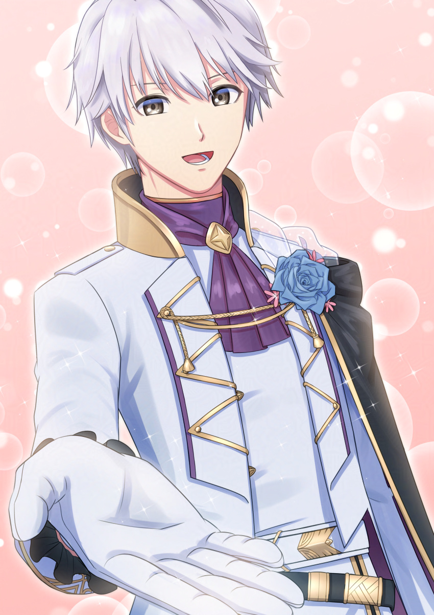1boy, :d, absurdres, ascot, belt, black_belt, blue_flower, brown_eyes