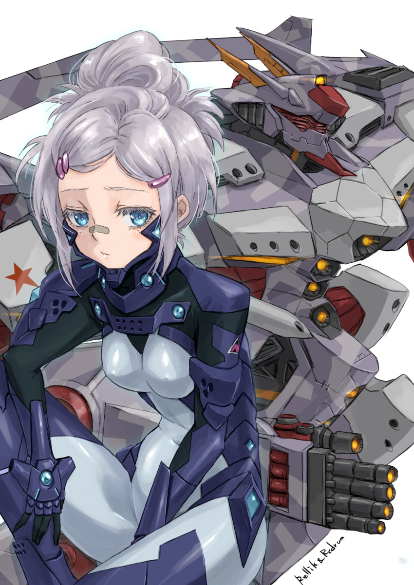 1girl, bandaid, bandaid_on_face, bandaid_on_nose, blue_eyes, deux_murasame, gundam, gundam_gquuuuuux, hair_ornament, hairclip, highres, jun_(rellik_&amp;_redrum), mecha, mecha_pilot_suit, mobile_armor, normal_suit_(gundam), psycho_gundam_(gquuuuuux), robot, short_hair, simple_background, white_hair
