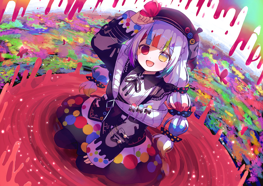 1girl, :d, arm_up, beret, black_hat, black_jacket, black_ribbon, blonde_hair