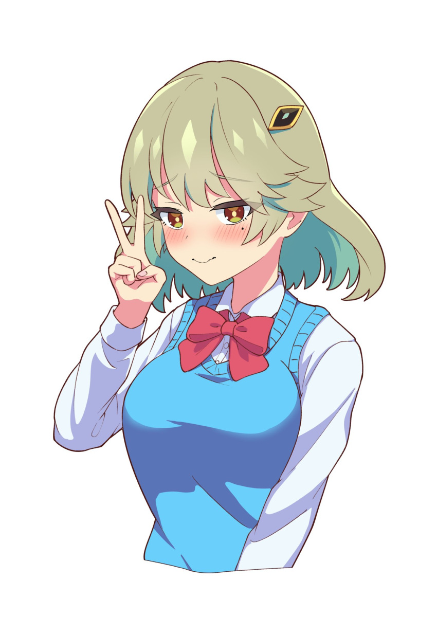 1girl, aqua_hair, blue_vest, blush, breasts, closed_mouth, colored_inner_hair, dragon_musume_ni_naritakunai!
