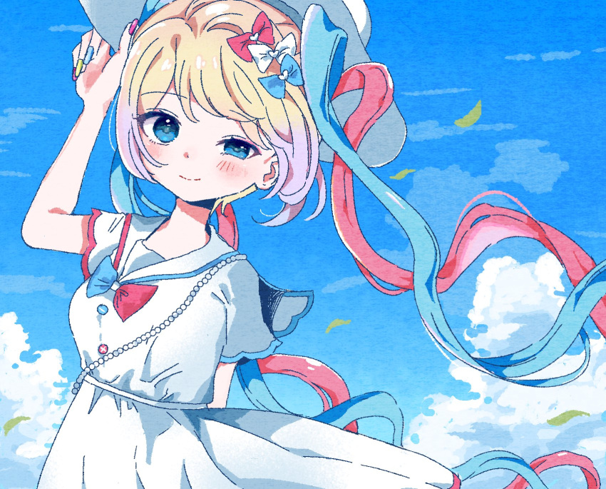 1girl, aegyo_sal, arm_behind_back, blonde_hair, blue_eyes, blue_hair, blue_sky, bow