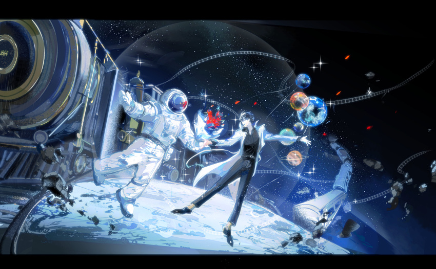 2boys, absurdres, astronaut, belt, black_belt, black_hair, black_shirt, blood, blood_on_clothes, coat, collared_shirt, dress_shoes, earth_(planet), falling_petals, film_reel, floating, grin, helmet, highres, kim_dokja, lantercat, letterboxed, looking_at_another, multiple_boys, omniscient_reader's_viewpoint, outstretched_arms, petals, planet, shirt, short_hair, sky, smile, space, space_helmet, space_station, sparkle, spotlight, star_(sky), starry_sky, train, white_coat, yoo_joonghyuk