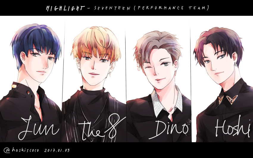 4boys, absurdres, artist_name_(singer), black_jacket, blue_hair, blunt_bangs, brown_hair, commentary