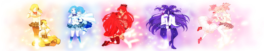 akemi_homura, blonde_hair, blue_hair, dual_persona, highres, ichimatsu_kafu, kaname_madoka, long_image, magical_girl, mahou_shoujo_madoka_magica, miki_sayaka, pantyhose, pink_hair, purple_hair, red_hair, redhead, sakura_kyouko, school_uniform, tomoe_mami, wide_image