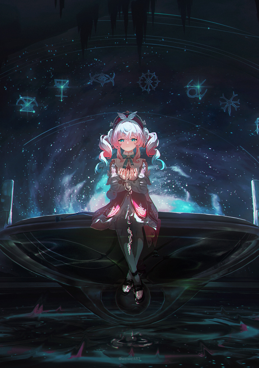 1girl, altar, aqua_bow, aqua_bowtie, aqua_eyes, aqua_hair, black_shoes, bow, bowtie, dress, drill_hair, hashtag-only_commentary, hat, highres, holding_water, honkai:_star_rail, honkai_(series), hyacine_(honkai:_star_rail), medium_hair, multicolored_hair, pantyhose, pink_hair, red_dress, red_hat, shoes, sitting, sky, solo, star_(sky), starry_sky, twin_drills, two-tone_hair, weiwei483, white_pantyhose