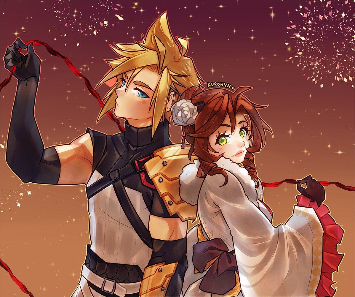1boy, 1girl, aerith_gainsborough, aerith_gainsborough_(festive_crimson_attire), aqua_eyes, armor, artist_name, black_gloves, bow, breasts, brown_background, brown_bow, brown_gloves, closed_mouth, cloud_strife, cloud_strife_(new_year's_battle_garb), elbow_gloves, final_fantasy, final_fantasy_vii, final_fantasy_vii_ever_crisis, fireworks, flower, frilled_kimono, frilled_sleeves, frills, fur-trimmed_kimono, fur_trim, furisode, gloves, gold_armor, gold_trim, green_eyes, hair_bun, hair_flower, hair_ornament, hair_stick, japanese_armor, japanese_clothes, kimono, kurohyn, light_smile, long_hair, looking_at_viewer, medium_breasts, obi, official_alternate_costume, official_alternate_hairstyle, parted_bangs, red_ribbon, ribbon, sash, short_hair, sidelocks, single_shoulder_pad, spiky_hair, tassel, tassel_hair_ornament, turtleneck, upper_body, white_fur, white_kimono, wide_sleeves
