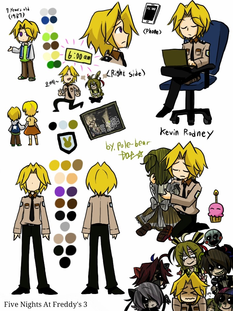 2girls, 5boys, black_necktie, black_pants, black_shoes, brown_shirt, chair, closed_eyes, closed_mouth, commentary, computer, crossed_legs, english_commentary, english_text, five_nights_at_freddy's, five_nights_at_freddy's_3, hair_intakes, laptop, long_sleeves, multiple_boys, multiple_girls, necktie, office_chair, pants, phantom_balloon_boy_(fnaf), phantom_chica, phantom_foxy_(fnaf), phantom_freddy, phantom_mangle_(five_nights_at_freddy's), phantom_puppet_(fnaf), pole-bear, security_guard, shirt, shoes, simple_background, sitting, springtrap, swivel_chair, violet_eyes, white_background