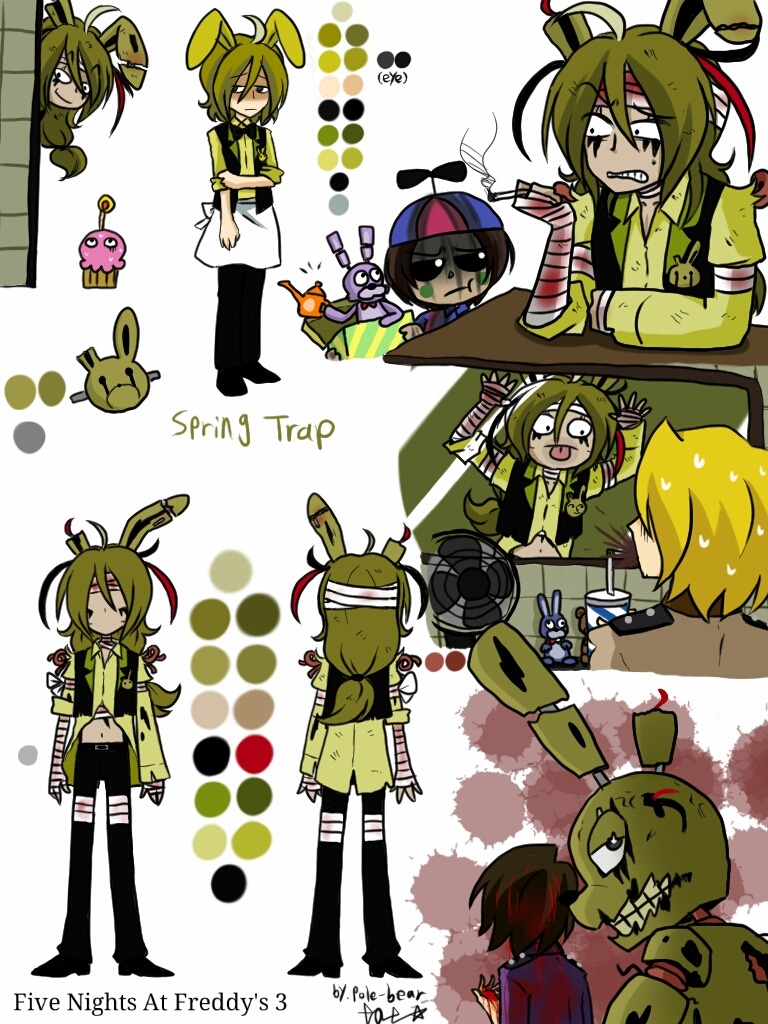 2boys, :p, anger_vein, animal_ears, bandaged_arm, bandages, black_sclera, black_vest, blonde_hair, blood, blood_on_bandages, bonnie_(fnaf), cable, clenched_teeth, colored_sclera, cropped_shirt, cropped_vest, five_nights_at_freddy's, five_nights_at_freddy's_3, long_hair, low-tied_long_hair, medium_hair, multiple_boys, personification, phatom_balloon_boy_(fnaf), pole-bear, purple_shirt, rabbit_ears, shirt, spring_bonnie_(fnaf), springtrap, sweat, teeth, tongue, tongue_out, vest, window