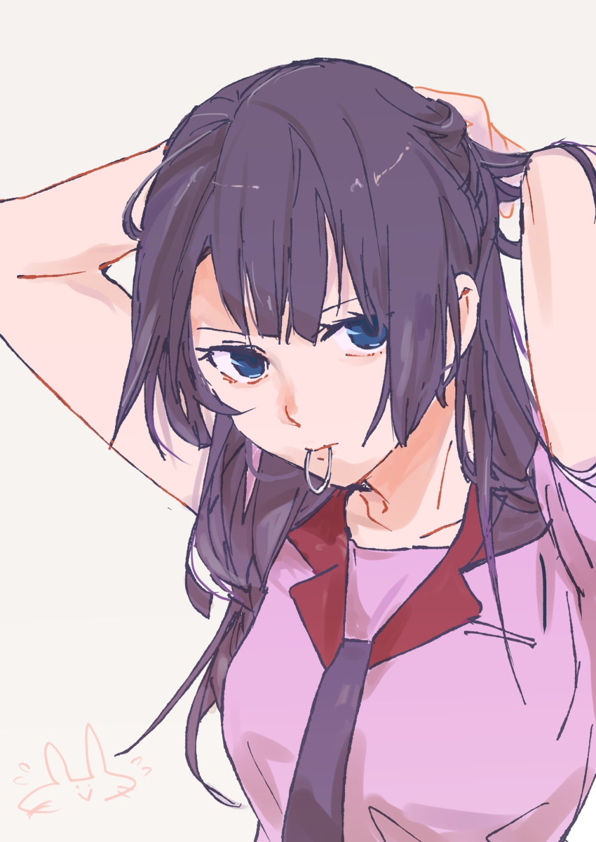 1girl, bakemonogatari, blue_eyes, closed_mouth, hair_tie_in_mouth, highres, long_hair, looking_at_viewer