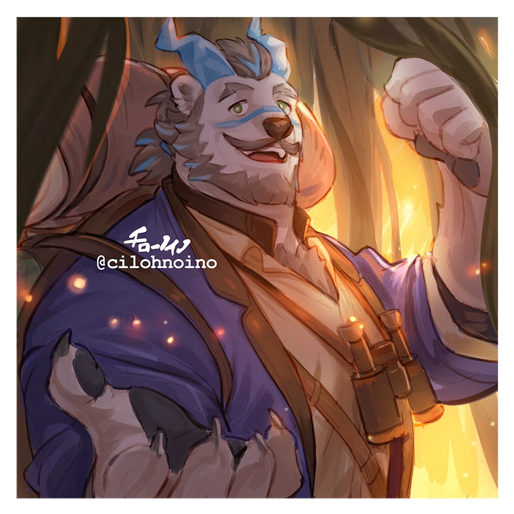 1boy, animal_ears, backpack, bag, bear_boy, bear_ears, beard, binoculars, blue_shirt, cilohnoino, claws, english_commentary, facial_hair, furry, furry_male, horns, live_a_hero, looking_at_viewer, male_focus, multicolored_hair, mustache, open_mouth, pawpads, plant, ponytail, shirt, smile, upper_body, valoray_(live_a_hero), vines, white_shirt